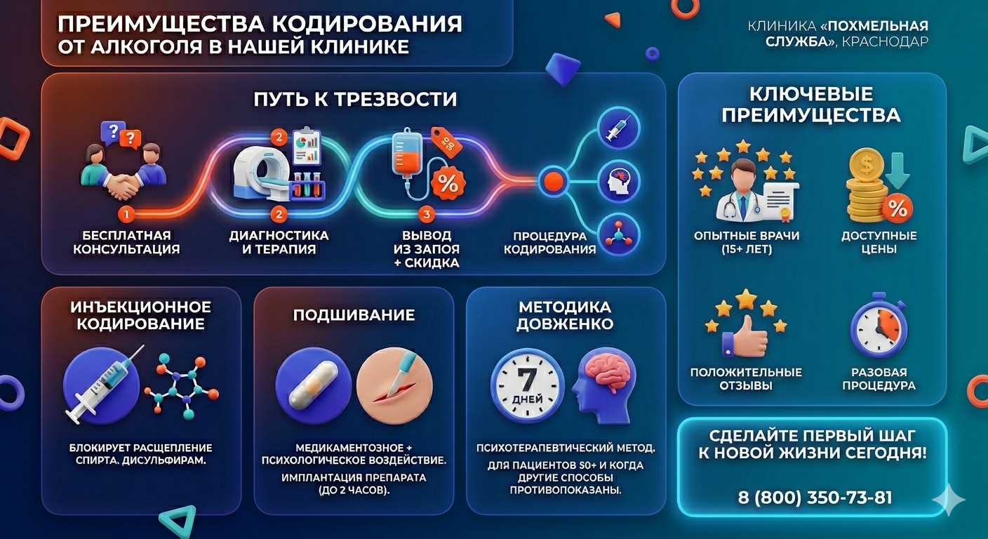 Инфографика о методах кодирования от алкоголя в Калачинске: инъекции, подшивание, метод Довженко. Преимущества клиники и этапы лечения.