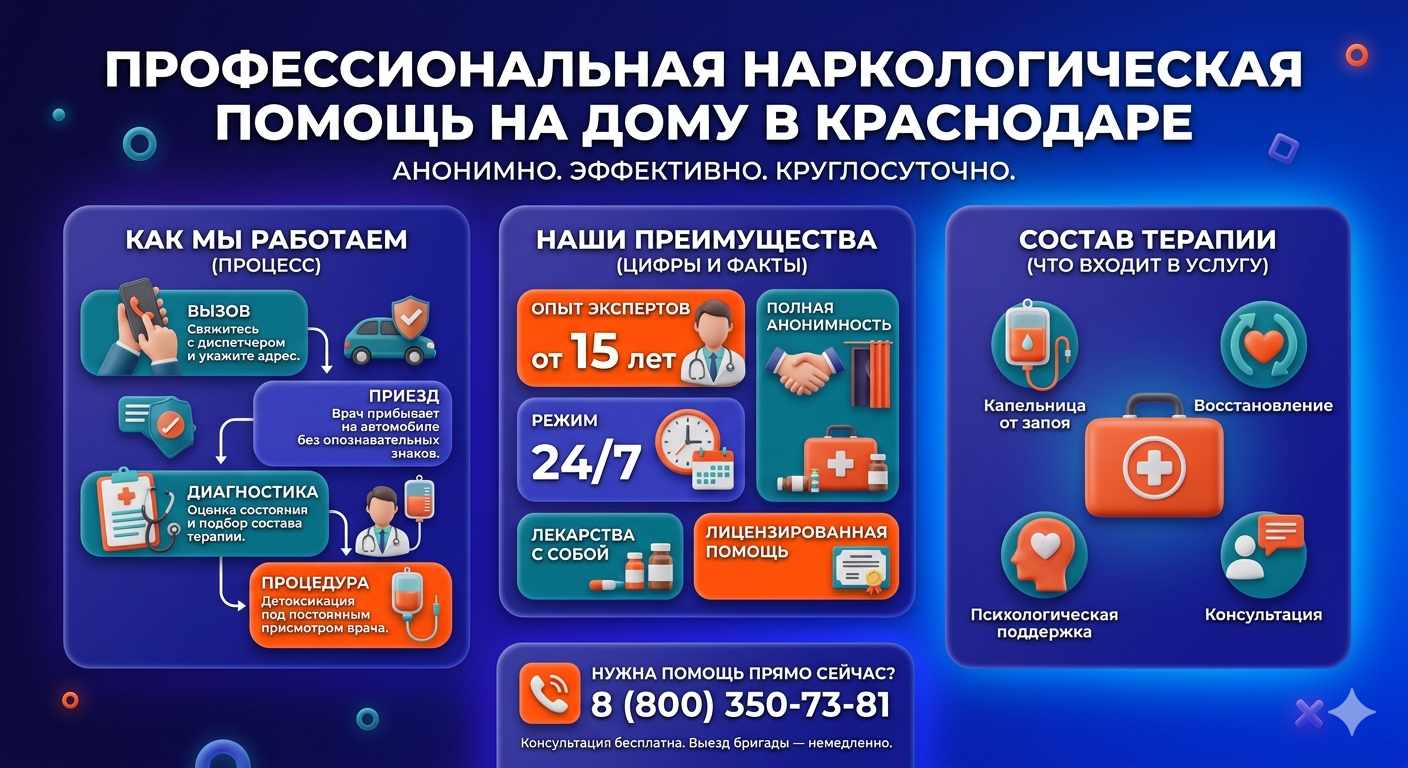 Инфографика о принципах лечения алкоголизма на дому в Калачинске: этапы вызова нарколога, преимущества анонимной детоксикации и состав медицинской помощи.
